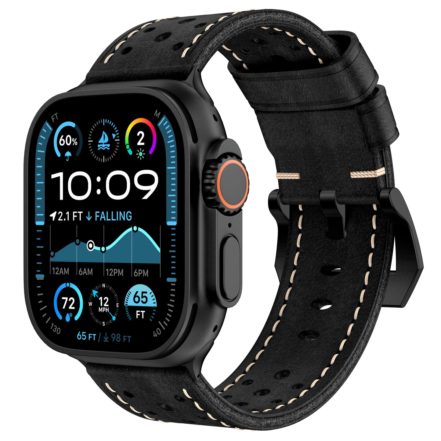 Das arktisband Apple Watch Lederarmband "Toronto" ist ein Echtlederarmband von arktisband für die Apple Watch, das klassischen Stil mit Smartwatch-Funktionen wie Gesundheits- und Wetterstatistiken auf dem Bildschirm verbindet.