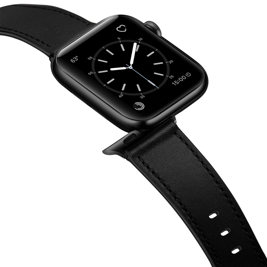 Eine schwarze Smartwatch mit Arktisband Apple Watch Lederarmband "Premium" zeigt ein analoges Ziffernblatt auf dem Bildschirm an.