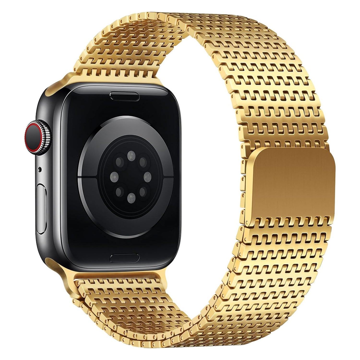 Das arktisband Apple Watch Edelstahlarmband „Aurora“ in Gold Mesh mit Magnetverschluss ist auf einer schwarzen Smartwatch mit dem rückseitigen Sensor nach vorne gerichtet abgebildet – ein elegantes Upgrade von arktisband für Ihre Apple Watch.