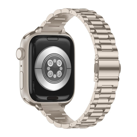 Das Arktisband Apple Watch Gliederarmband „Arctica“ – Slim, ein silbernes Smartwatch-Armband im Gliederarmband-Design, wird von der Rückseite gezeigt und hebt seine Sensoren hervor.