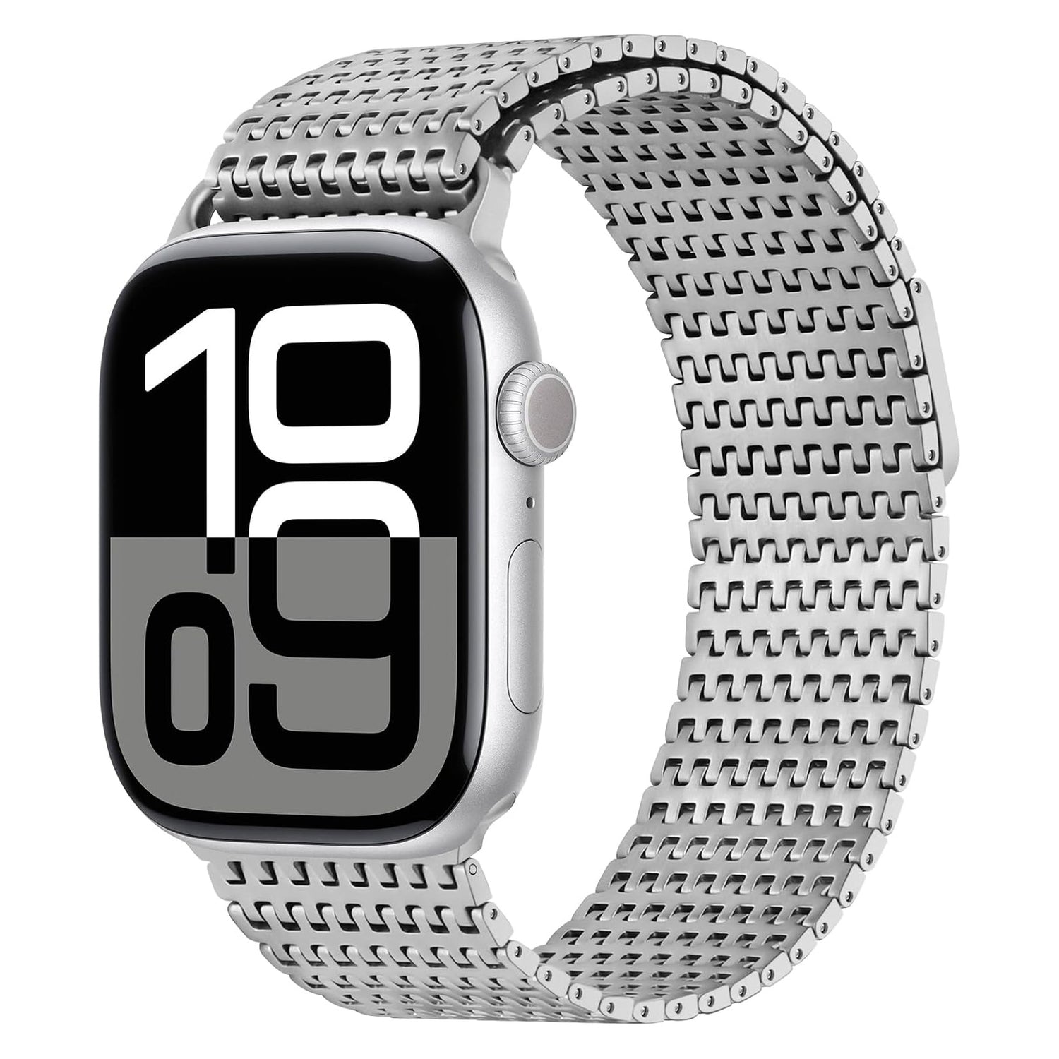Das arktisband Apple Watch Edelstahlarmband „Aurora“ ist ein silbernes Smartwatch-Armband mit schlankem Design und sicherem Magnetverschluss, dessen Display große, auffällige Zahlen anzeigt.