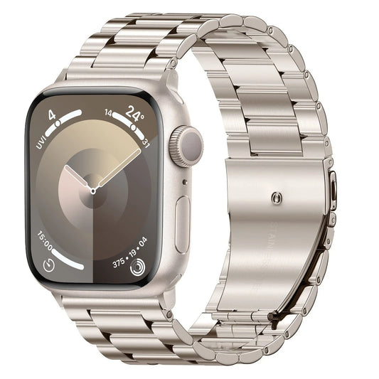 Das arktisband Sparpaket „Metal“ von arktis bietet eine silberne Smartwatch mit rechteckigem Touchscreen, Edelstahl-Gliederarmband Arctica, kreisförmigem minimalistischem Display für Uhrzeit, Datum, Aktivitätsstatistiken und ist mit Apple Watch-Armbandsets kompatibel.