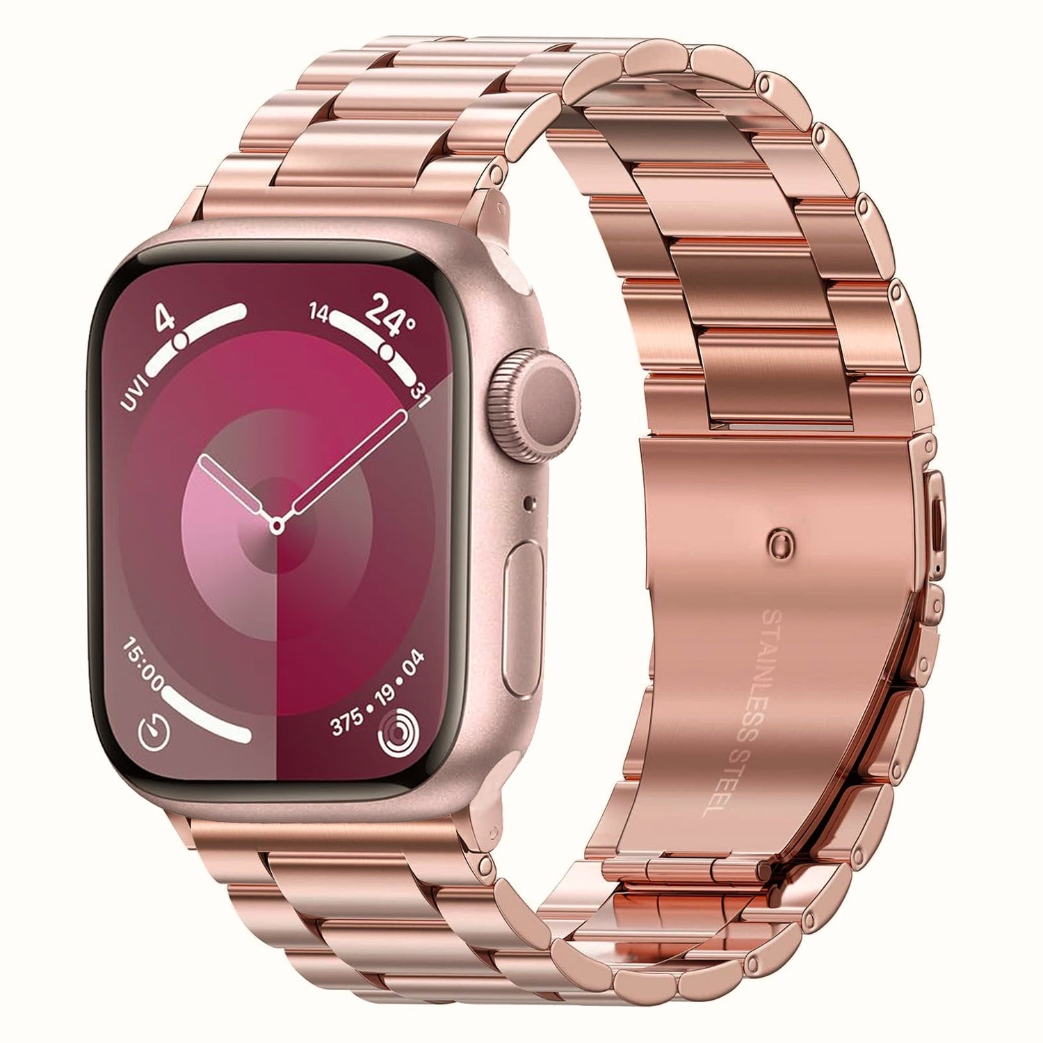 Das arktisband Apple Watch Gliederarmband "Arctica" ist ein roségoldenes Smartwatch-Band mit modernem Digitaldisplay und einem eleganten Metallglieder-Design für einen raffinierten, stilvollen Look.