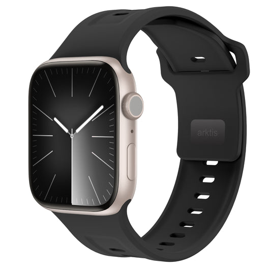 Das arktisband Apple Watch FKM Sportarmband "Sweat" ist ein modernes, voll verstellbares schwarzes Smartwatch-Armband aus strapazierfähigem, elastischem Fluorelastomer mit Arktis-Logo. Kompatibel mit der Apple Watch und im sportlich-minimalistischen Design.