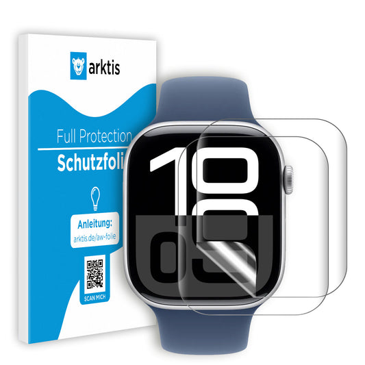 Eine Smartwatch mit blauem Armband wird neben der Verpackung der Apple Watch Schutzfolie von Arktis gezeigt. Zwei kratzfeste Displayschutzfolien sind teilweise über das Zifferblatt gelegt.