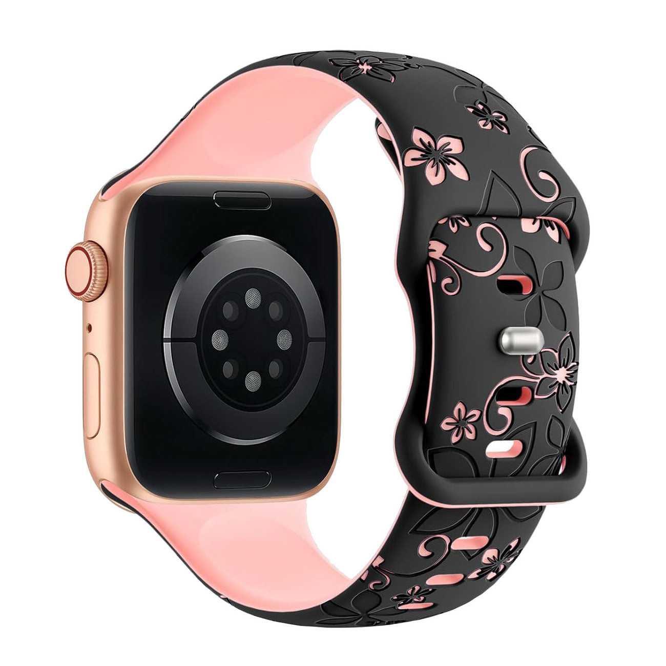 Das arktisband Apple Watch Silikonarmband "Bloom" hat ein schwarzes und rosafarbenes Blumendesign, ist mit der Apple Watch kompatibel und lässt sich gut mit einem goldenen Gehäuse und Herzfrequenzsensoren auf der Rückseite kombinieren.