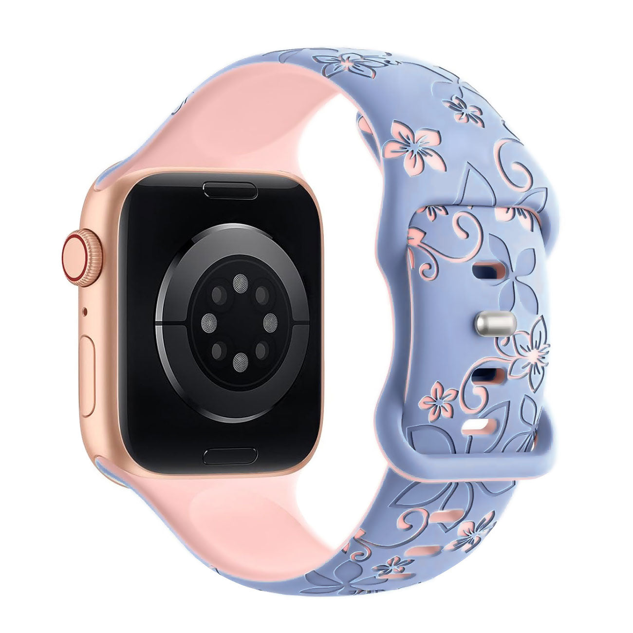 Das arktisband Apple Watch Silikonarmband "Bloom" besteht aus einem blau-rosa geblümten Silikonarmband von arktisband und einem roségoldenen Gehäuse, hier von hinten.