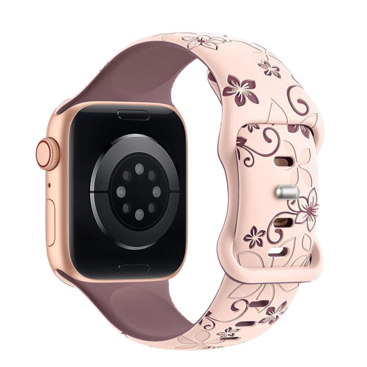 Das arktisband Apple Watch Silikonarmband "Bloom" in rosa mit Blumenmuster wird von hinten gezeigt, kompatibel mit Apple Watch.