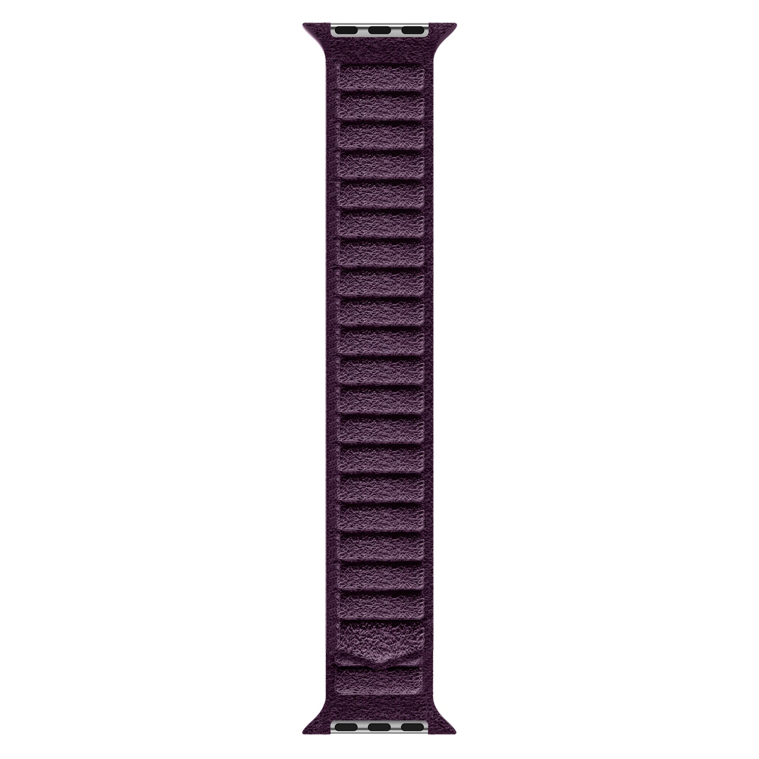 Das arktisband Apple Watch magnetisches Armband aus Alcantara in Violett, hergestellt in Italien mit einem Magnetverschluss, wird vertikal vor einem weißen Hintergrund gezeigt.