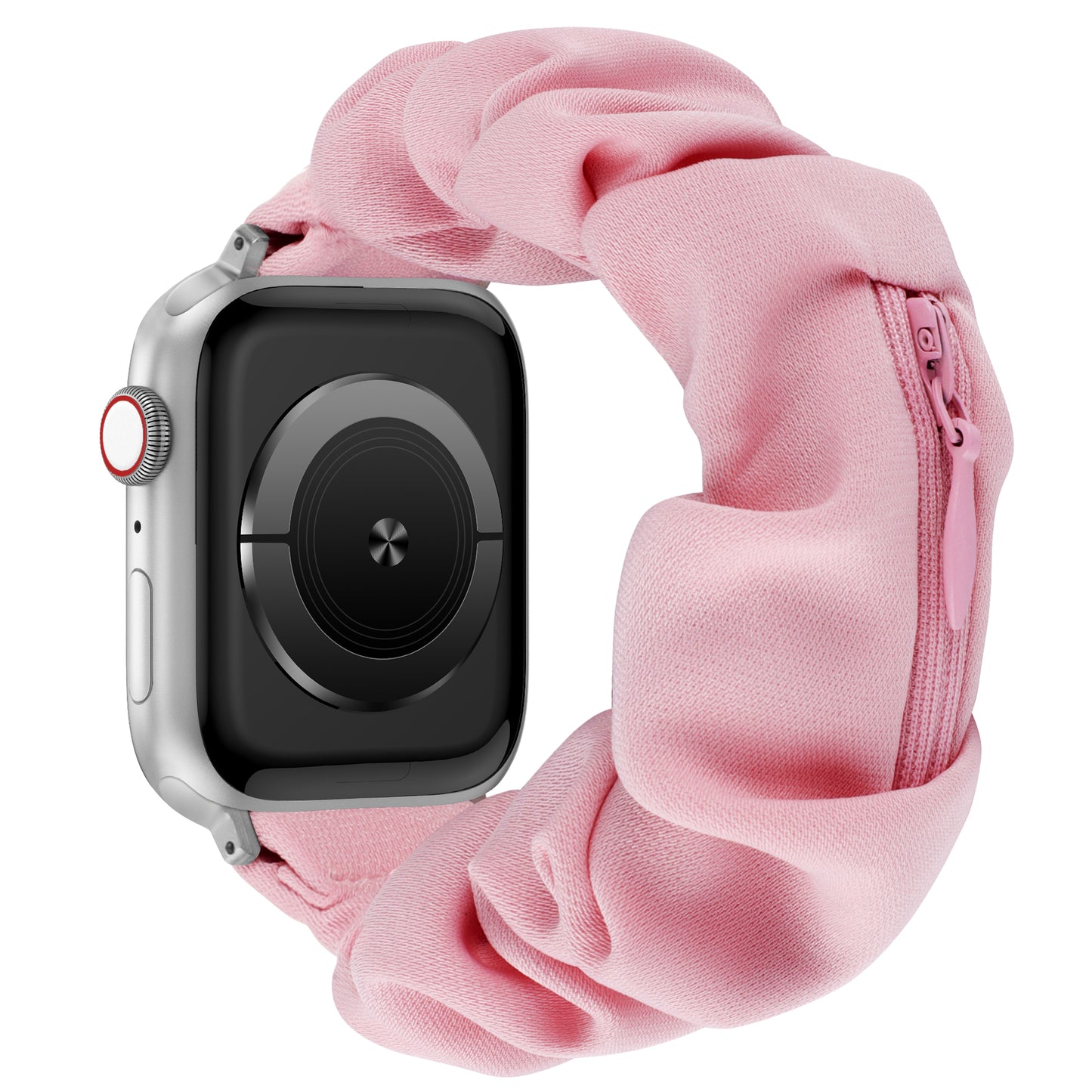 Das arktisband Apple Watch Scrunchie Armband "Elanora" kombiniert eine silberne Smartwatch mit einem rosafarbenen, elastischen Band mit praktischer Reißverschlusstasche - eine Kombination aus stilvollem Design und intelligentem Komfort.