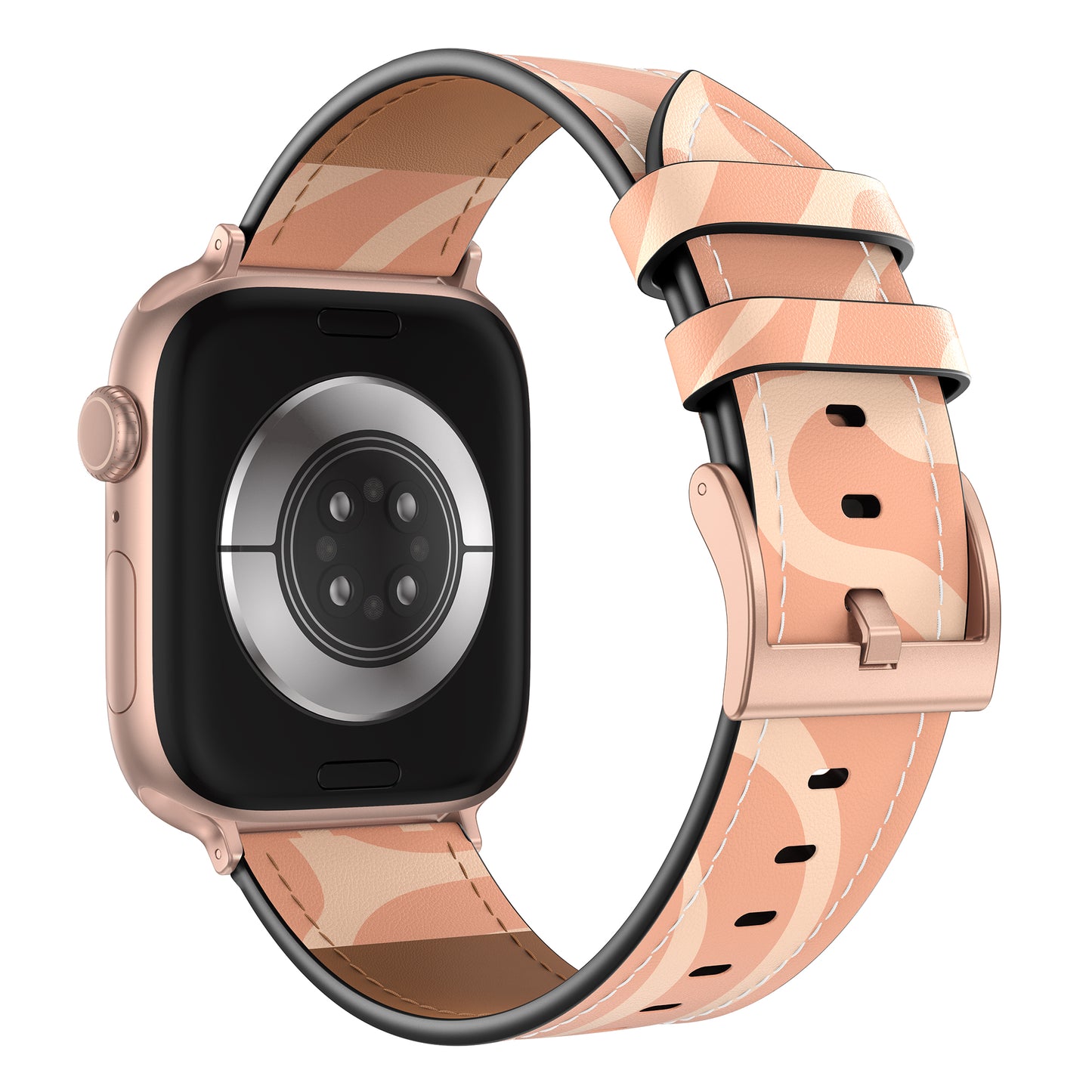Das arktisband Apple Watch Lederarmband "Studio" von arktisband, abgebildet in rosa/beigem Muster von hinten, so dass die Sensoren und die Schließe sichtbar sind - ideal für Fans von echtem Leder und individuellem Design.