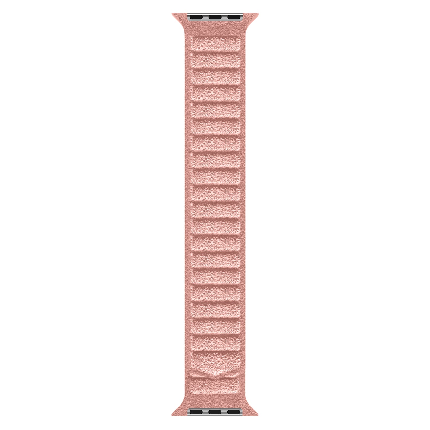 Das arktisband Apple Watch magnetisches Armband aus Alcantara von arktisband ist vertikal auf einem weißen Hintergrund abgebildet. Es hat ein rosafarbenes, strukturiertes Design mit rechteckigen Segmenten und ist aus hochwertigem Alcantara gefertigt.