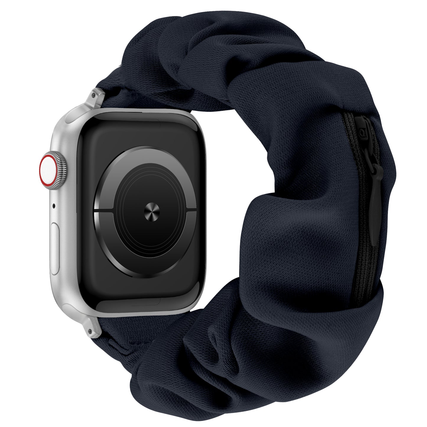 Das arktisband Apple Watch Scrunchie Armband "Elanora" hat ein silbernes Smartwatch-Gehäuse und ein schwarzes, elastisches Stoffband, das von der Seite betrachtet wird.