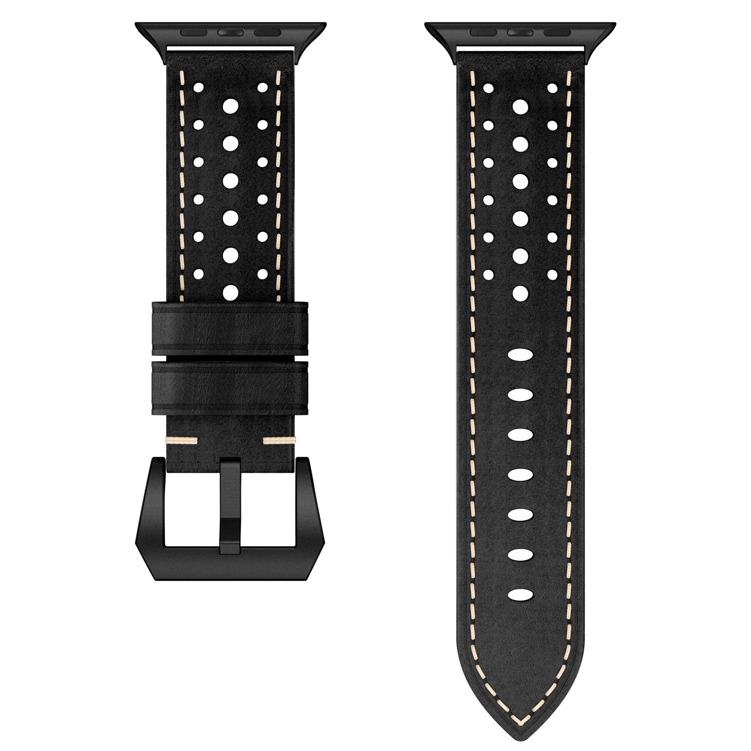 Das arktisband Apple Watch Lederarmband "Toronto" ist ein schwarzes Lederarmband mit weißen Nähten und mehreren Löchern, kompatibel mit Apple Watch. Vorder- und Schrägansicht zeigen dieses hochwertige Echtleder Armband von arktisband.