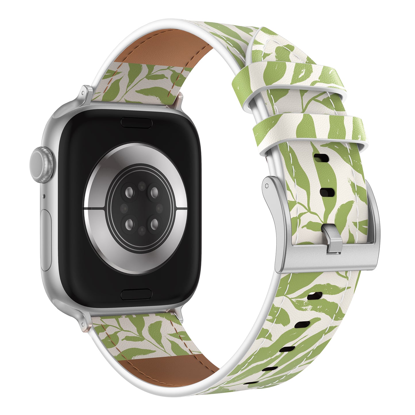 Das Arktisband Apple Watch Lederarmband "Studio" zeigt individuelles Design in grünem und weißem Blattmuster, dargestellt auf einer silbernen Smartwatch von hinten und von der Seite.