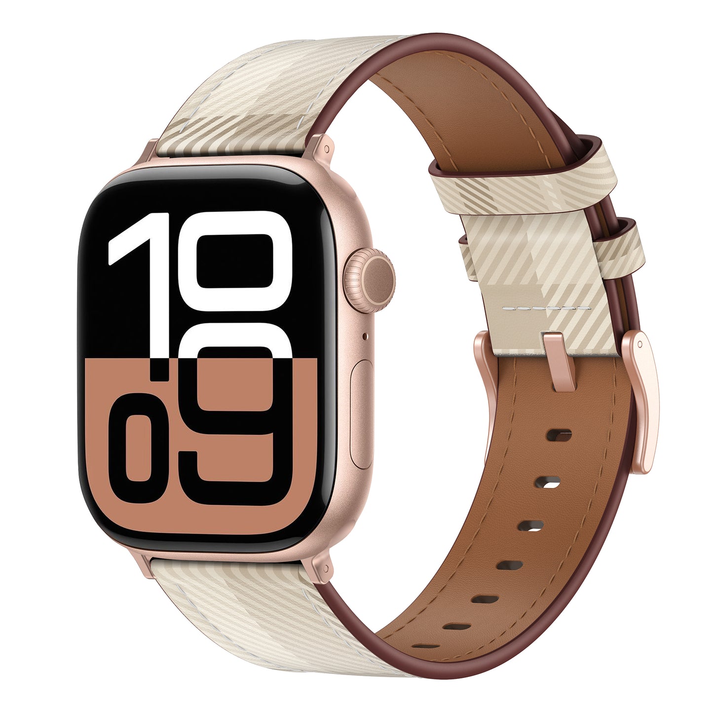 Das arktisband Apple Watch Lederarmband "Studio" in Beige und Braun zeigt 10:09 in fetten Zahlen auf dem Display und verbindet Eleganz mit dem individuellen Design von arktisband.