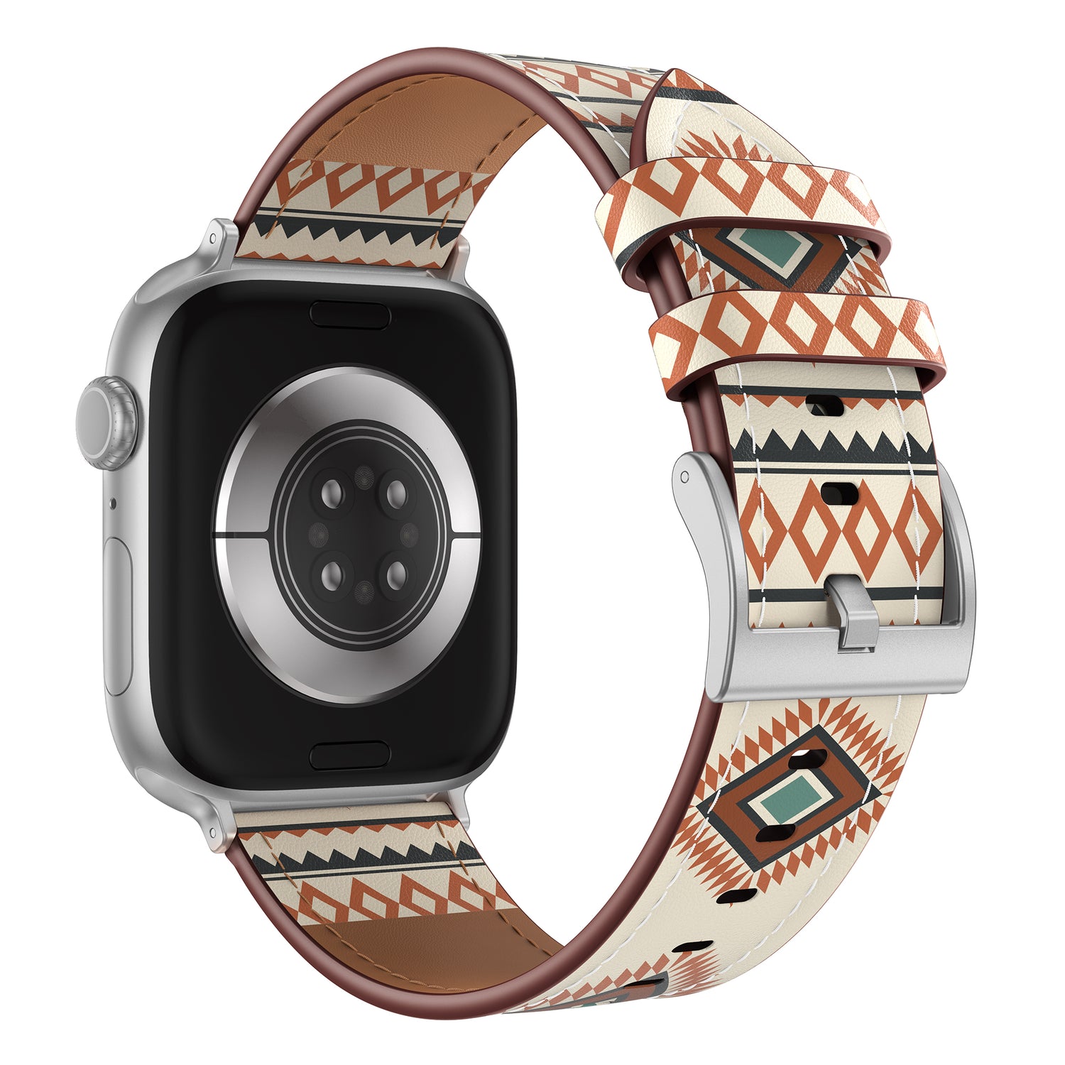 Das arktisband Apple Watch Lederarmband "Studio" hat ein geometrisches Design in Braun, Creme und Grün für einen einzigartigen Look, der von der Rückseite einer Smartwatch gezeigt wird.