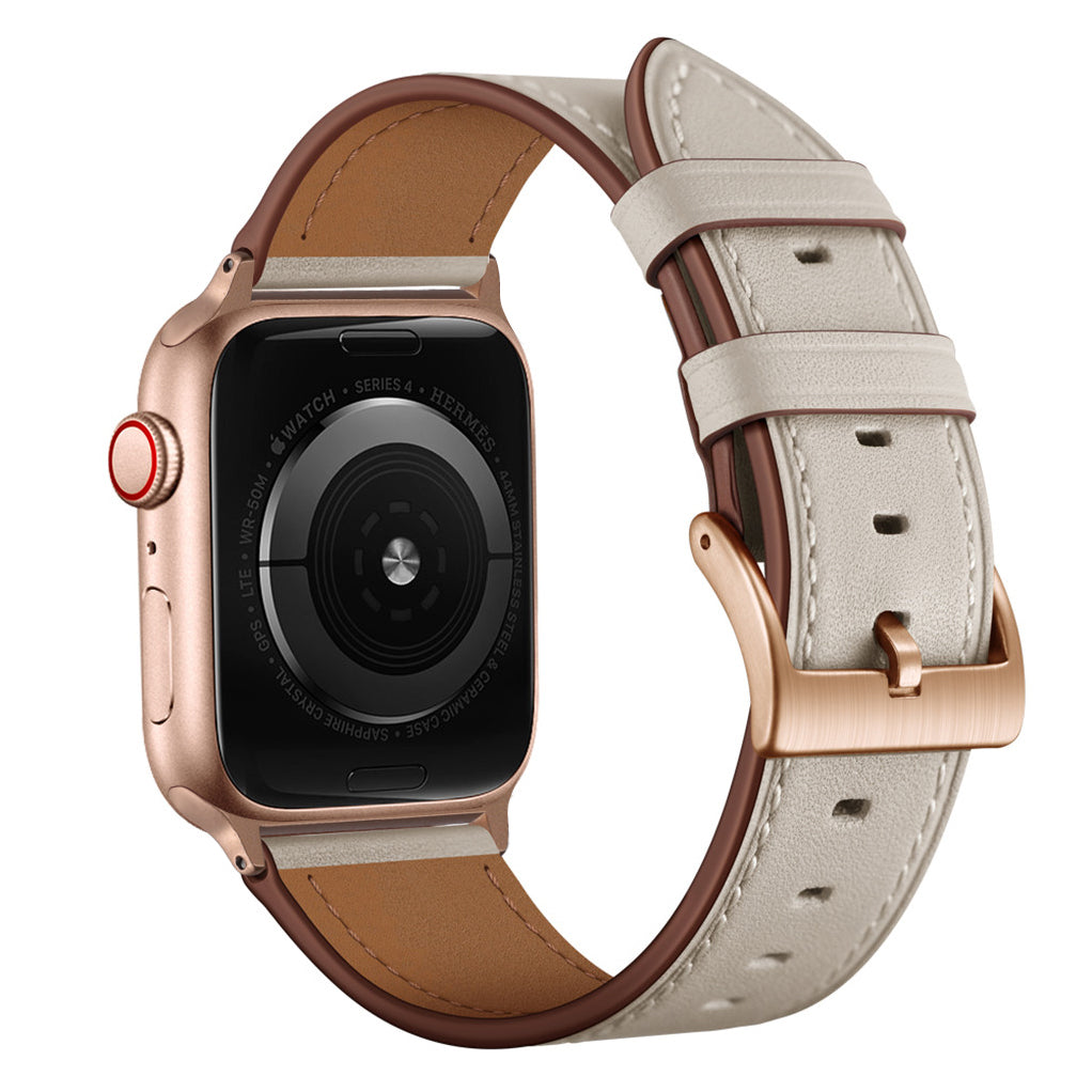 Das arktisband Apple Watch Lederarmband "Premium" hat ein hellbraunes Echtlederarmband mit goldener Schnalle, hier von hinten mit sichtbarem Sensor. Kompatibel mit Apple Watch.