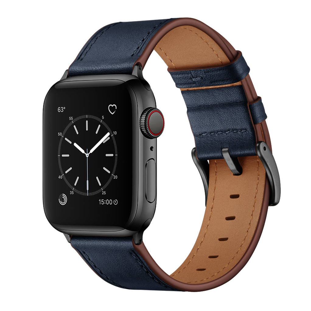 Eine schwarze Smartwatch mit dunkelblauem und braunem Arktisband Apple Watch Lederarmband "Premium" aus Echtleder, mit analogem Zifferblatt; kompatibel mit Apple Watch.