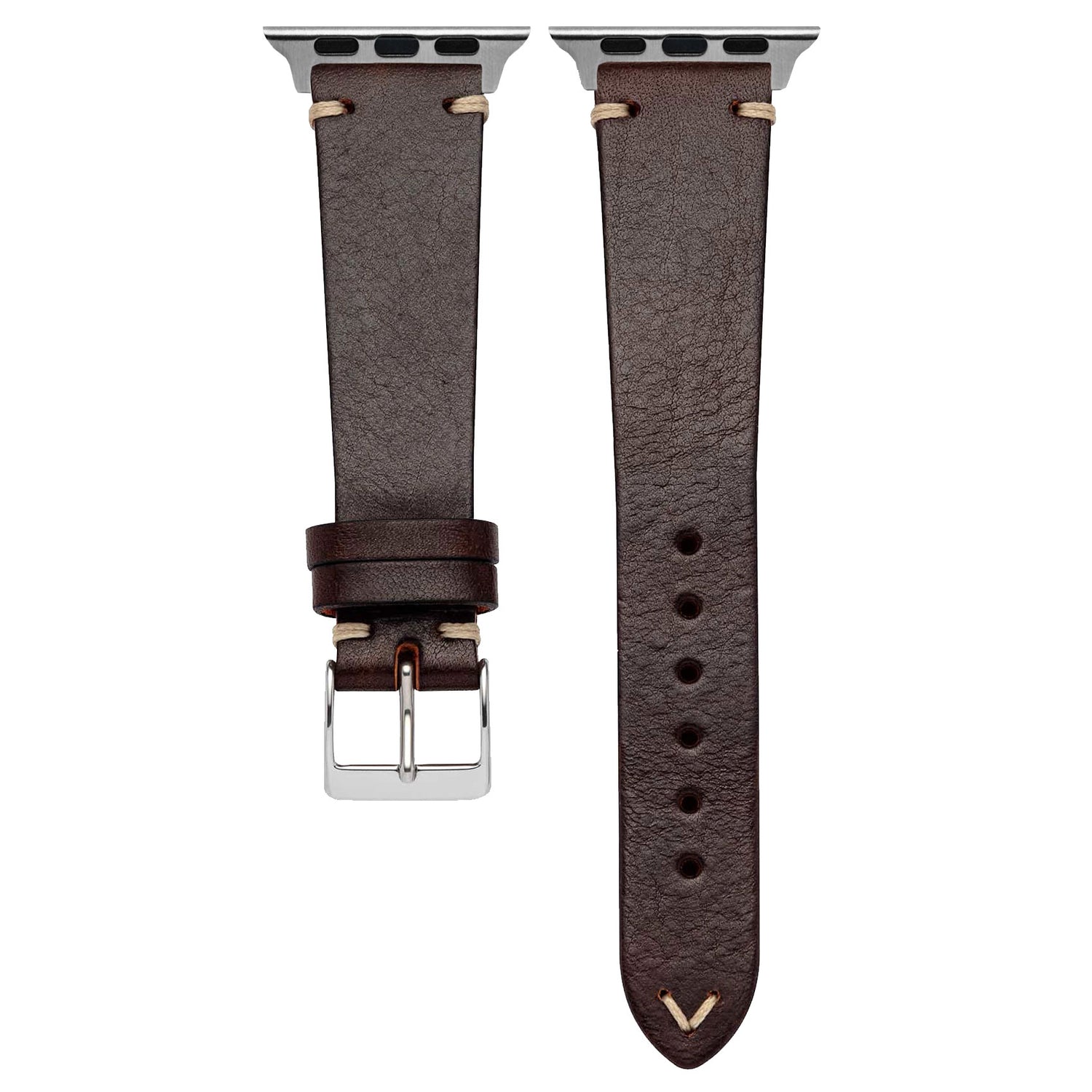 Abgebildet sind zwei dunkelbraune arktisband Apple Watch Lederarmbänder „Toskana“ von arktis aus pflanzlich gegerbtem Leder mit sichtbaren Nähten und silberner Hardware – eines mit Schnalle, das andere mit Einstelllöchern, beide mit Smartwatch-Anschlüssen.