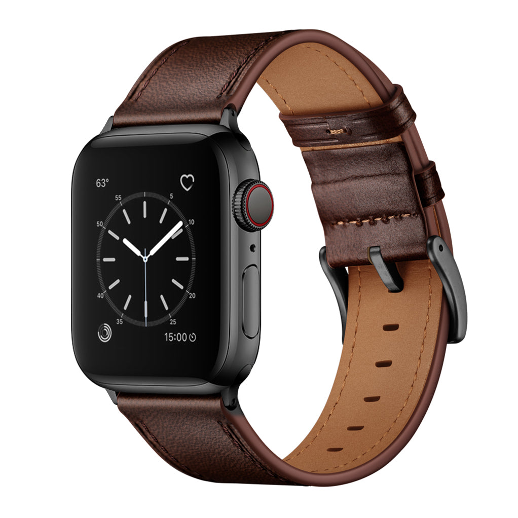 Das arktisband Apple Watch Lederarmband "Premium" besteht aus einer schwarzen Smartwatch mit rundem Zifferblatt und einem braunen Echtleder-Armband, das schräg abgebildet ist - ideal für alle, die einen ähnlichen Stil wie das Apple Watch Lederarmband von arktisband wünschen.