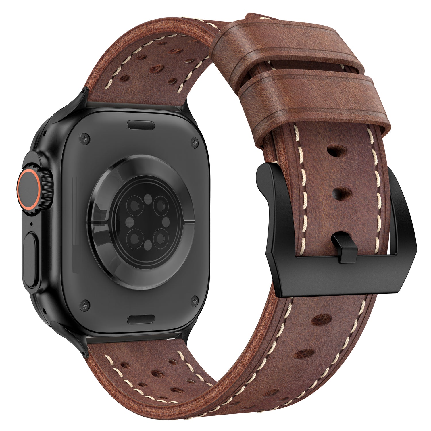 Das arktisband Apple Watch Lederarmband "Toronto" ist ein braunes Echtlederarmband mit schwarzer Schnalle, von hinten abgebildet, und ist kompatibel mit Apple Watch.