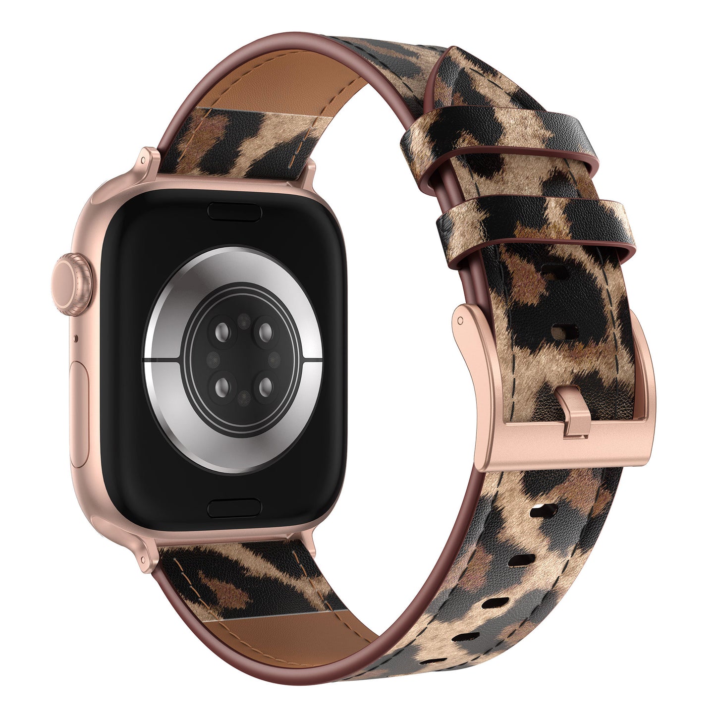 Das arktisband Apple Watch Lederarmband "Studio" - Leo, hier mit roségoldenem Gehäuse, bietet mit seinem Lederdesign im Leopardenmuster einen einzigartigen Look für individuellen Style.
