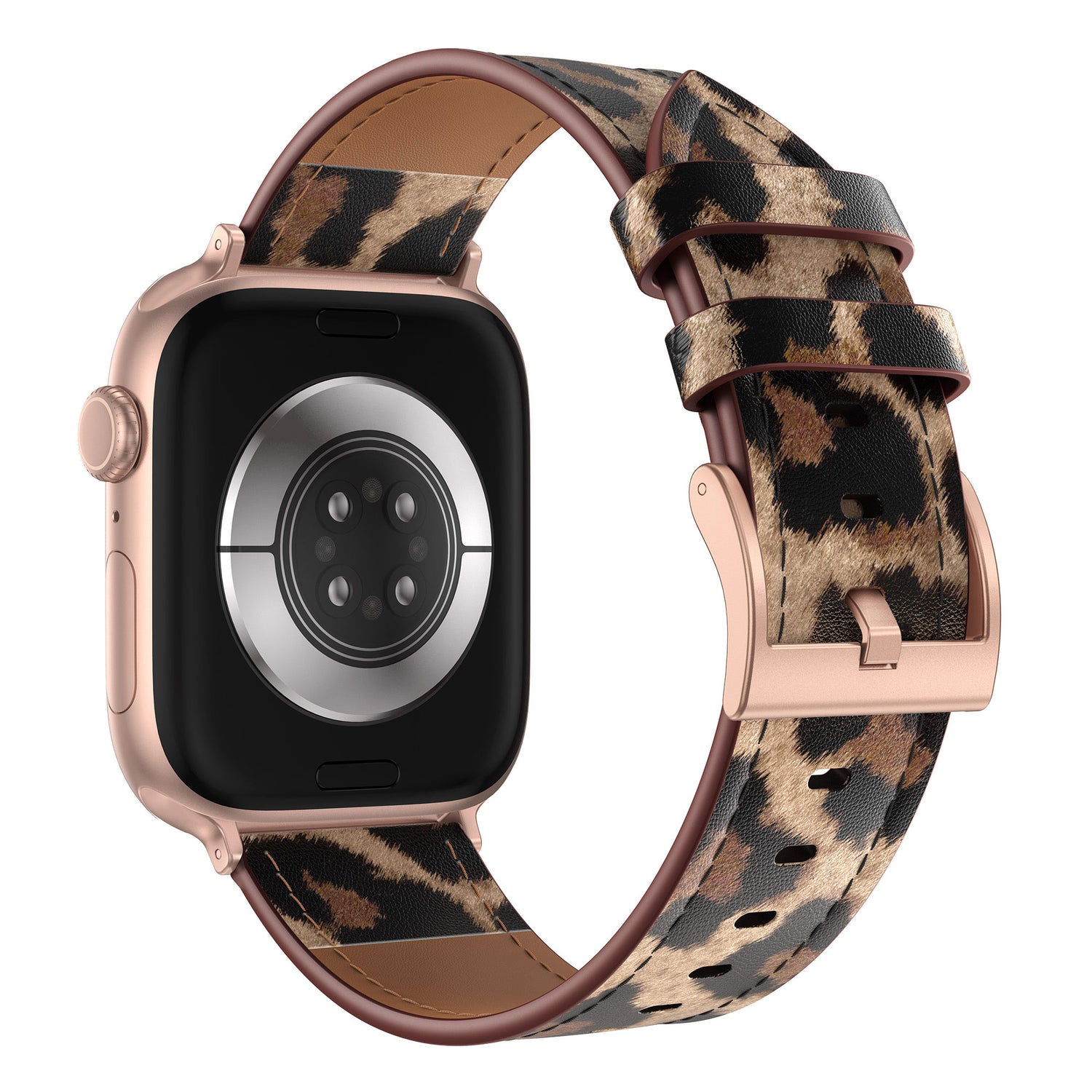 Das arktisband Apple Watch Lederarmband "Studio" - Leo, hier mit roségoldenem Gehäuse, bietet mit seinem Lederdesign im Leopardenmuster einen einzigartigen Look für individuellen Style.