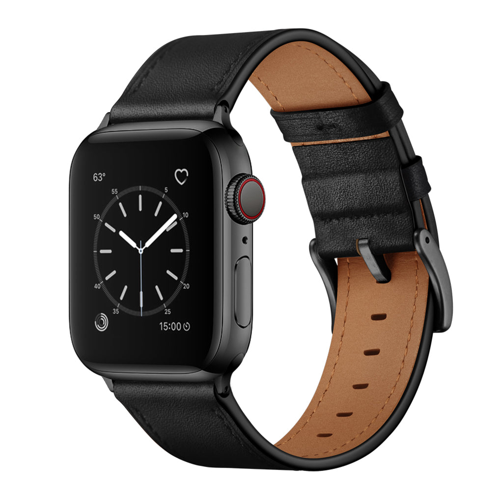 Das arktisband Apple Watch Lederarmband "Premium" von arktisband ist ein schwarzes Echtlederarmband, kompatibel mit der Apple Watch für eine nahtlose Geräteintegration und verfügt über ein analoges Ziffernblatt mit Wetteranzeige auf seinem Bildschirm.