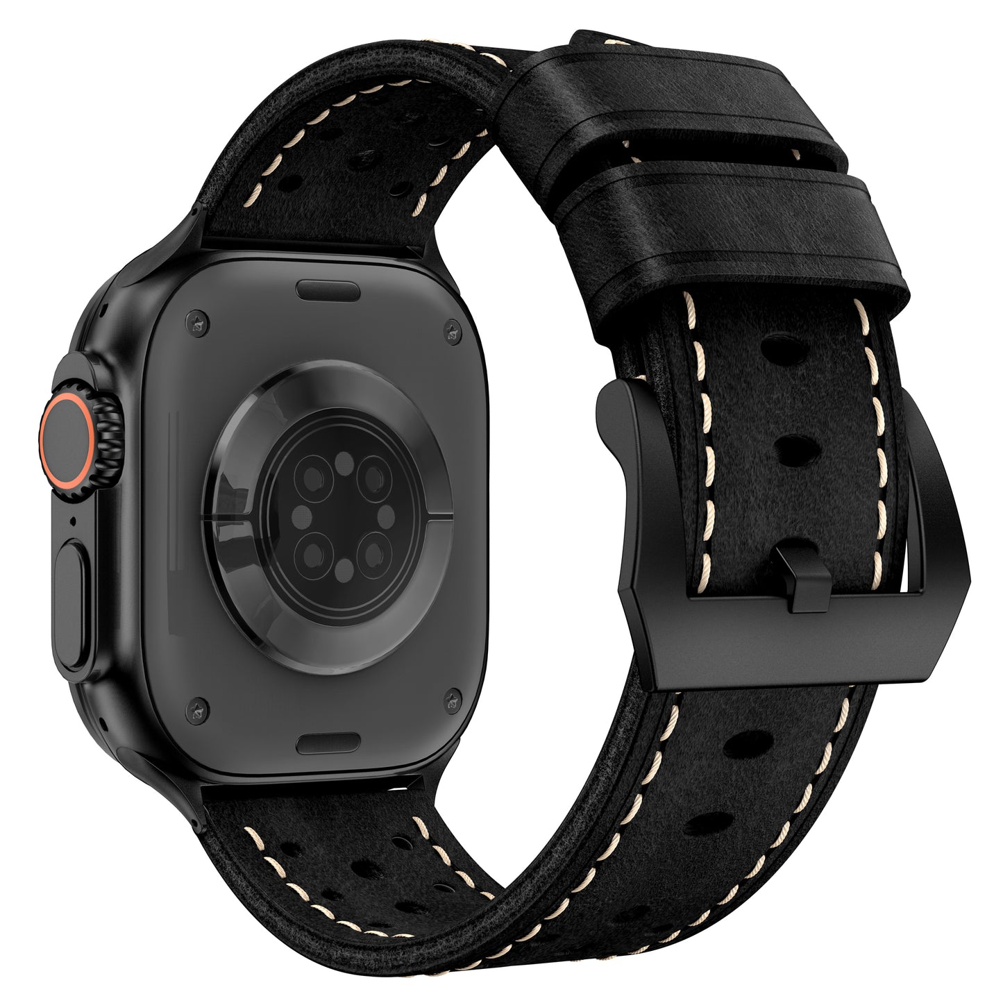 Schwarzes Arktisband Apple Watch Lederarmband "Toronto" mit weißen Nähten, Echtleder, von hinten abgebildet; kompatibel mit Apple Watch.