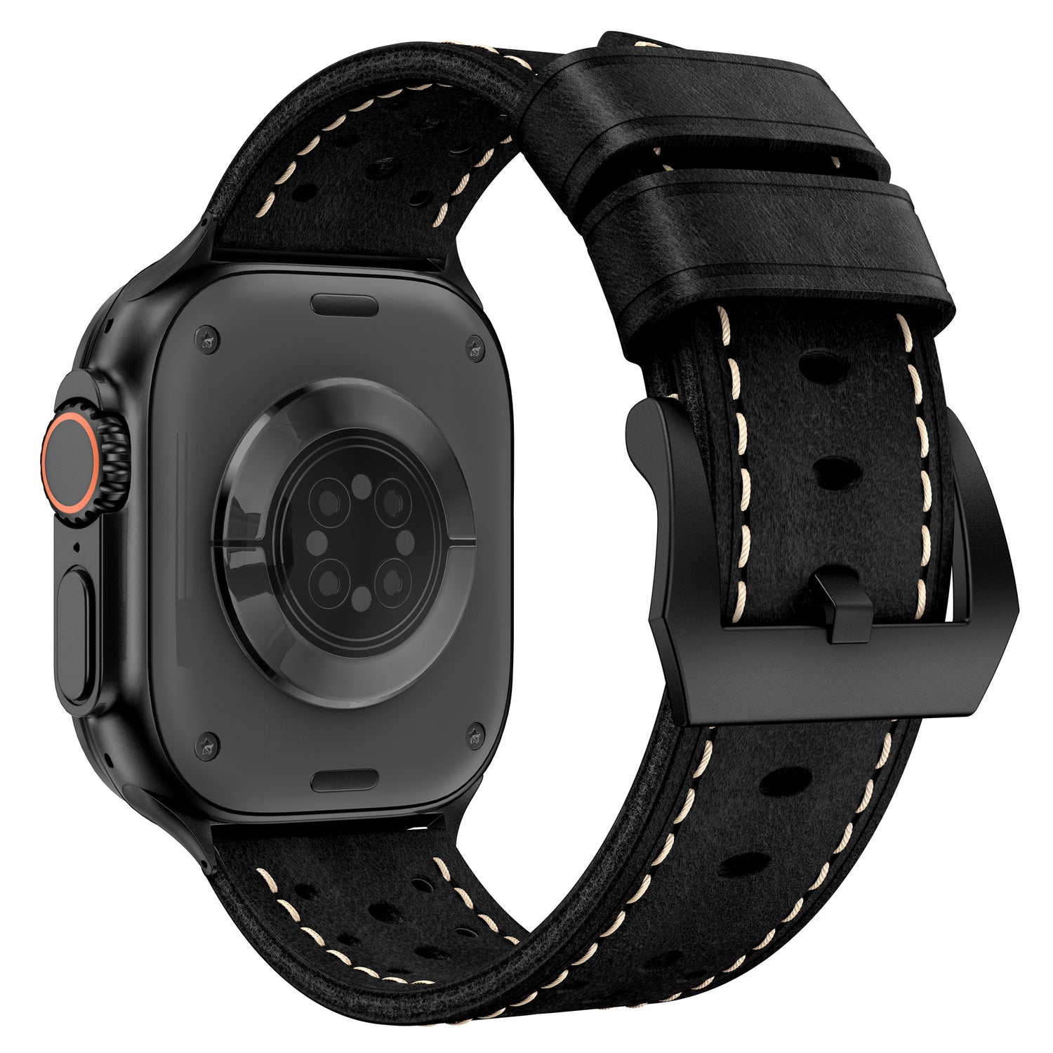 Schwarzes Arktisband Apple Watch Lederarmband "Toronto" mit weißen Nähten, Echtleder, von hinten abgebildet; kompatibel mit Apple Watch.