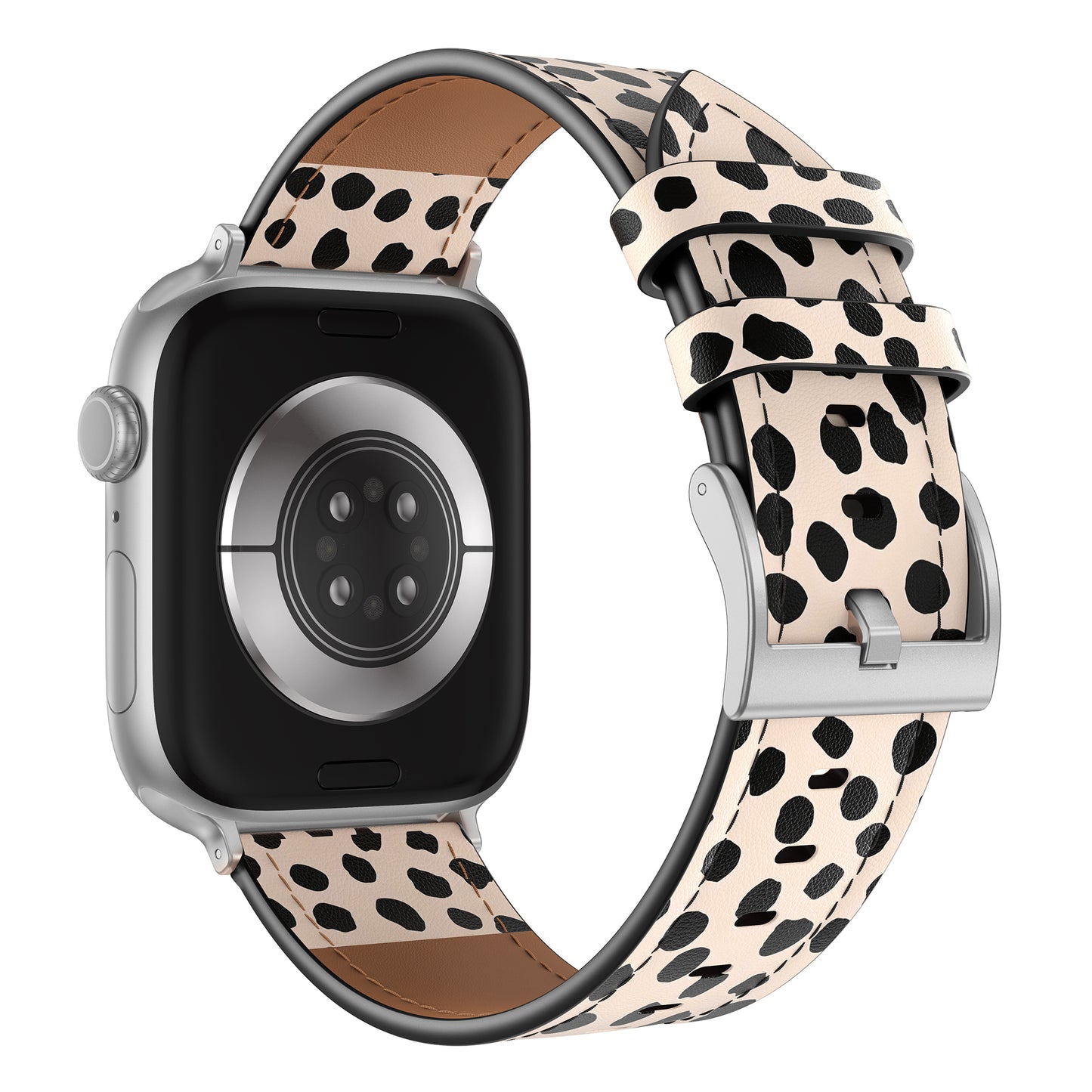 Das arktisband Apple Watch Lederarmband "Studio" verfügt über ein beiges Lederband mit schwarzen unregelmäßigen Punkten und einer silbernen Schnalle und bietet ein individuelles Design für Ihre Apple Watch.