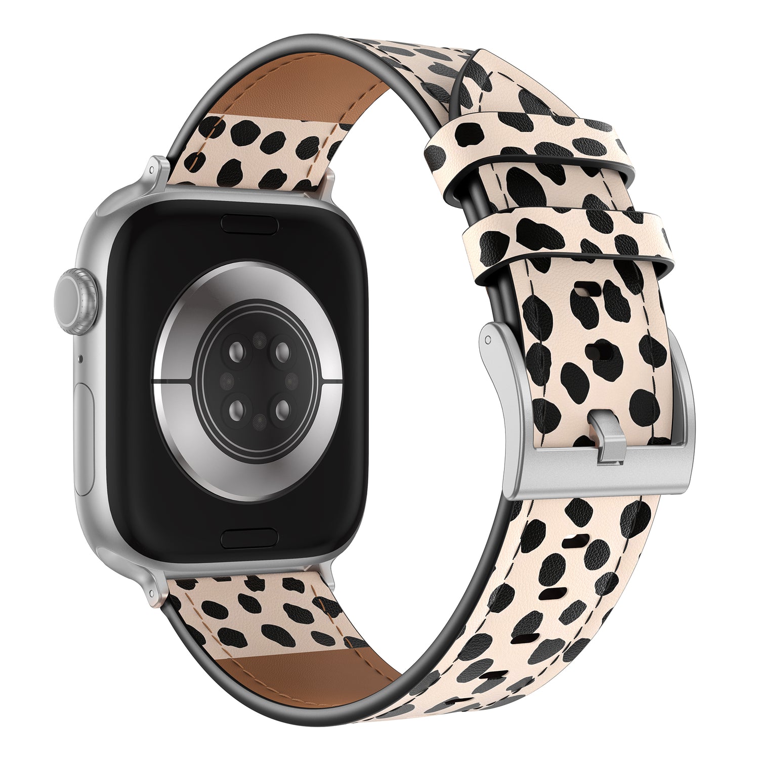 Das arktisband Apple Watch Lederarmband "Studio" verfügt über ein beiges Lederband mit schwarzen unregelmäßigen Punkten und einer silbernen Schnalle und bietet ein individuelles Design für Ihre Apple Watch.