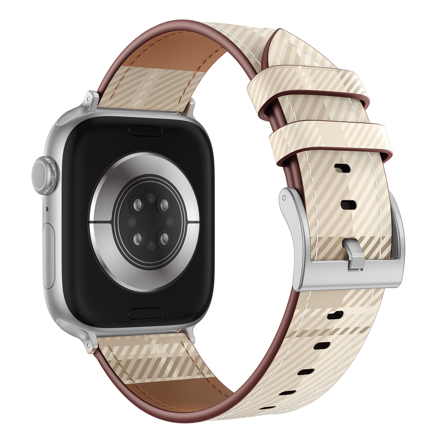 Das arktisband Apple Watch Lederarmband "Studio" hat ein beigefarbenes, gemustertes Lederarmband und eine silberne Schnalle, hier von hinten.