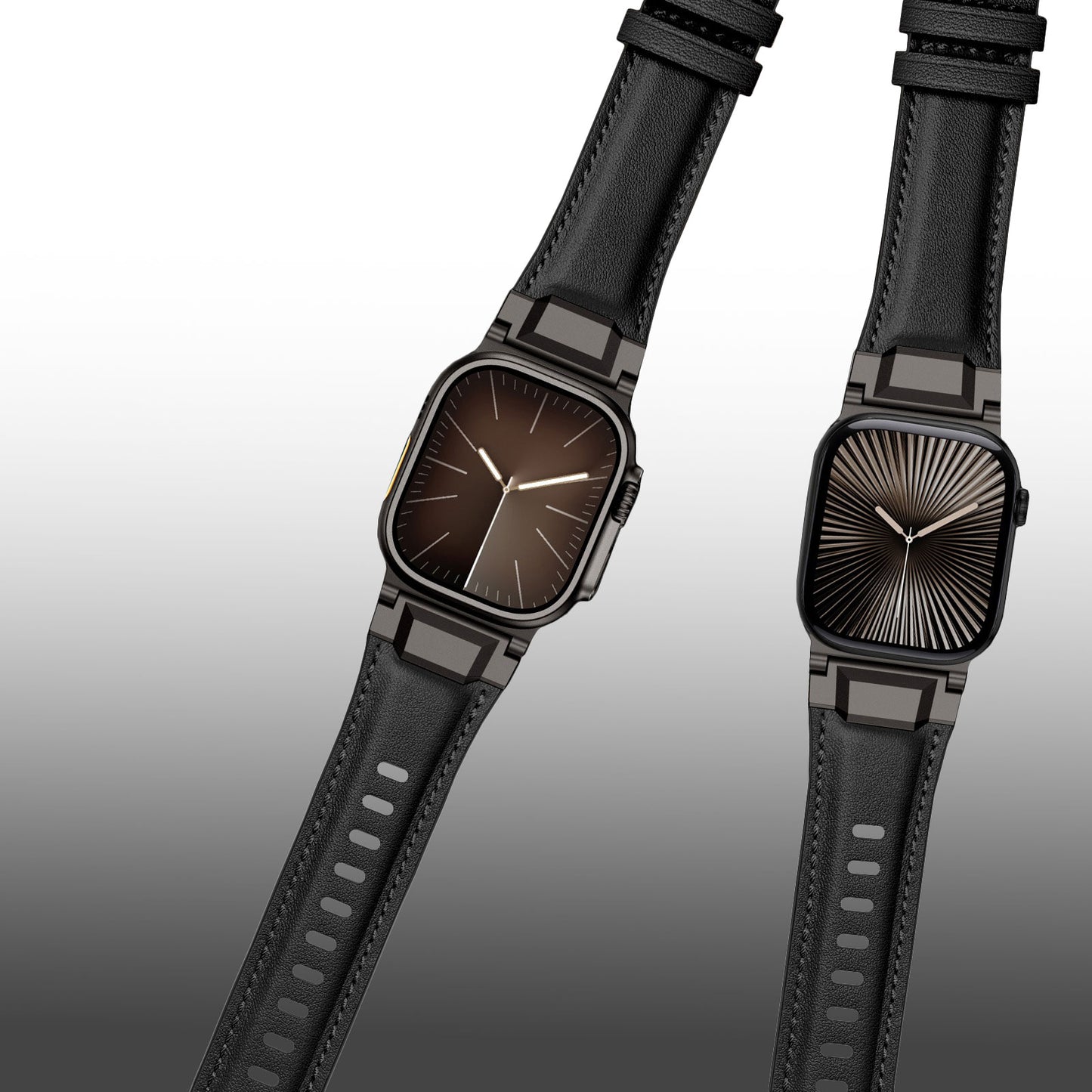 Zwei schwarze Arktisband Apple Watch Ultra Lederarmband "Delta" Uhren mit quadratischen Zifferblättern - eine hat ein schlichtes braunes Zifferblatt, die andere ein gemustertes schwarzes Zifferblatt.