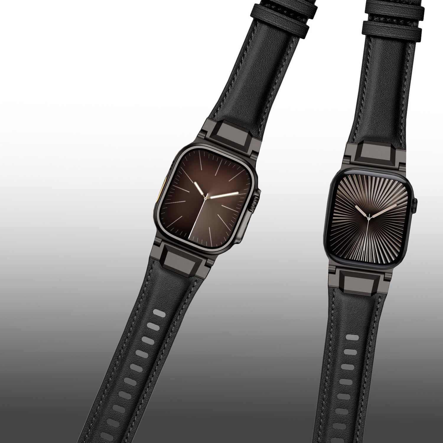 Zwei schwarze Arktisband Apple Watch Ultra Lederarmband "Delta" Uhren mit quadratischen Zifferblättern - eine hat ein schlichtes braunes Zifferblatt, die andere ein gemustertes schwarzes Zifferblatt.