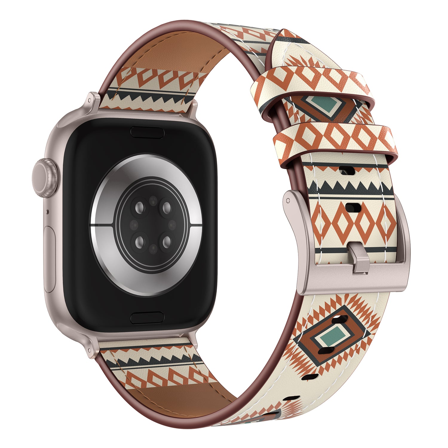 Das arktisband Apple Watch Lederarmband "Studio" ist ein hellbraunes Echtlederarmband mit einem einzigartigen Design aus geometrischen orangefarbenen, braunen und grünen Mustern, dargestellt von der Rückseite. Marke: arktisband.