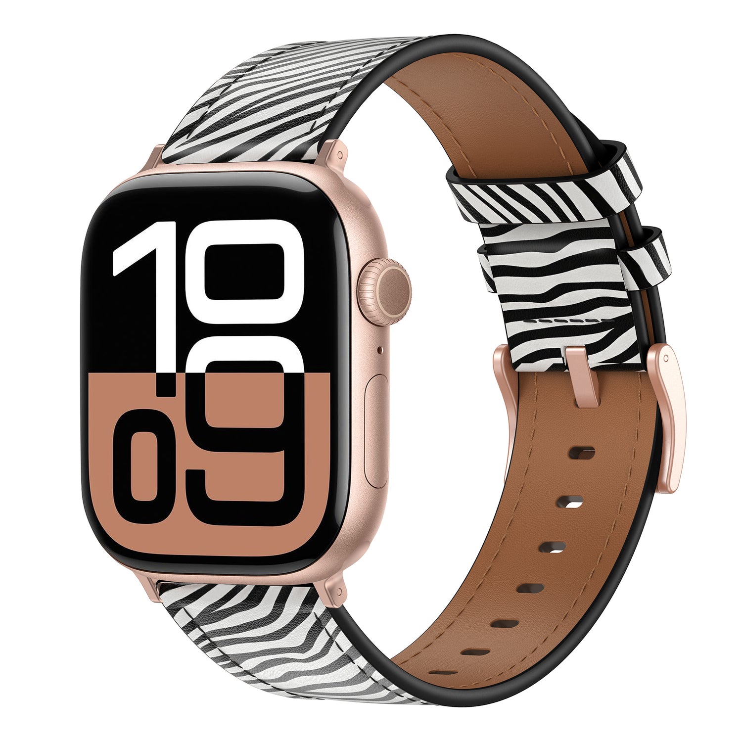 Das arktisband Apple Watch Lederarmband "Studio" besticht durch einen mutigen digitalen Look mit schwarz-weißem Zebramuster und roségoldenen Akzenten - perfekt für einen individuellen Stil.