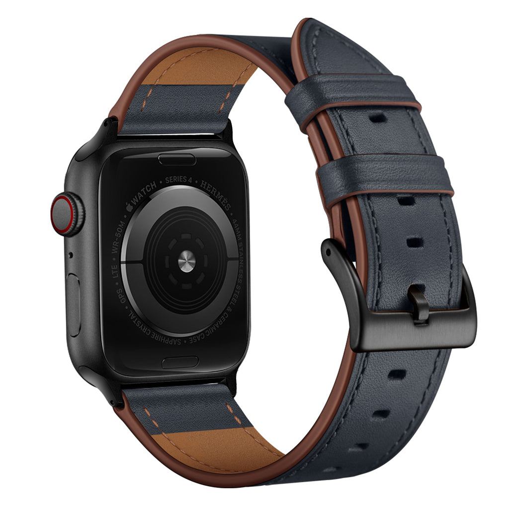 Ein schwarzes arktisband Apple Watch Lederarmband "Premium" aus dunkelblauem Echtleder mit braunen Rändern, von hinten gesehen. Stylisches, Apple Watch kompatibles Design von arktisband.