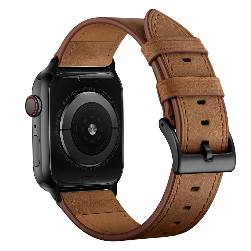 Rückansicht des Arktisband Apple Watch Lederarmband "Premium" in braunem Echtleder mit schwarzer Schnalle, kompatibel mit Apple Watch.