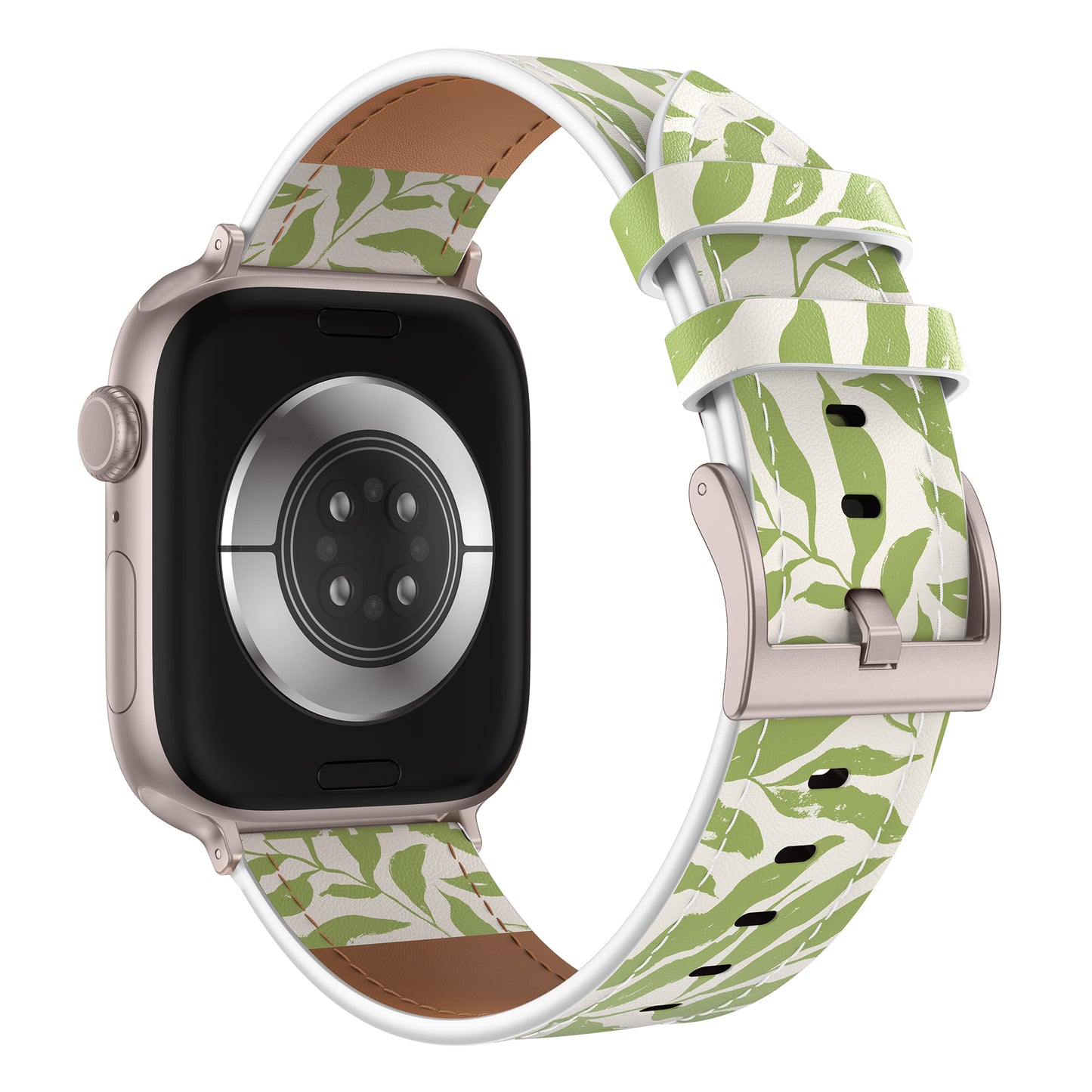 Das arktisband Apple Watch Lederarmband "Studio" zeigt von hinten die Sensoren und die Schließe und hat ein einzigartiges grünes und weißes Blattmuster - ideal für alle, die individuelles Design von arktisband schätzen.