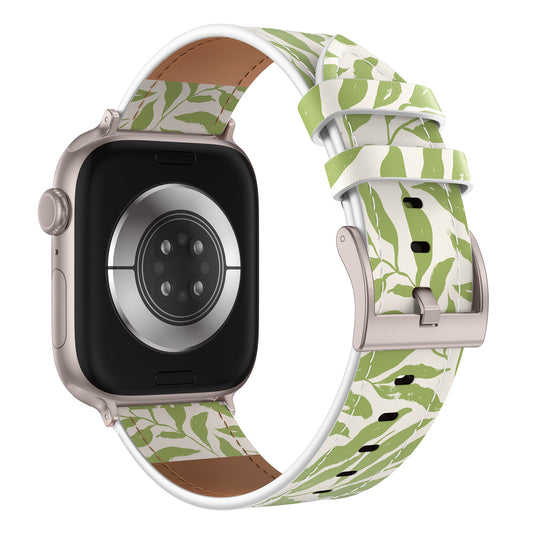Das arktisband Apple Watch Lederarmband "Studio" zeigt von hinten die Sensoren und die Schließe und hat ein einzigartiges grünes und weißes Blattmuster - ideal für alle, die individuelles Design von arktisband schätzen.