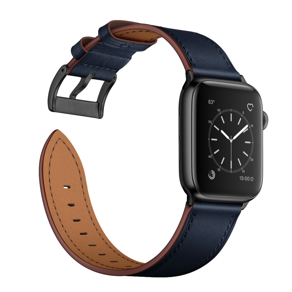 Das arktisband Apple Watch Lederarmband "Premium" von arktisband in blauem und braunem Echtleder wird auf einer schwarzen Smartwatch mit Zeit- und Wetteranzeige gezeigt; kompatibel mit Apple Watch.