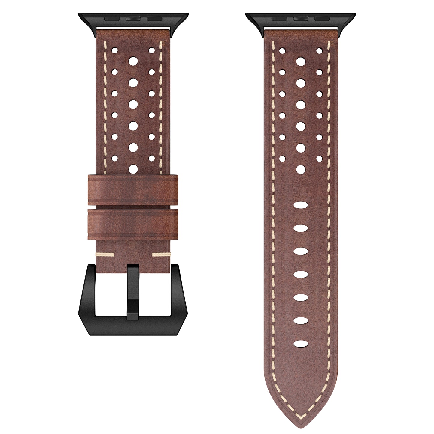 Das Arktisband Apple Watch Lederarmband "Toronto" hat braunes Echtleder mit cremefarbenen Nähten und runden Löchern, abgebildet von vorne und hinten; kompatibel mit Apple Watch für einen stilvollen Look.