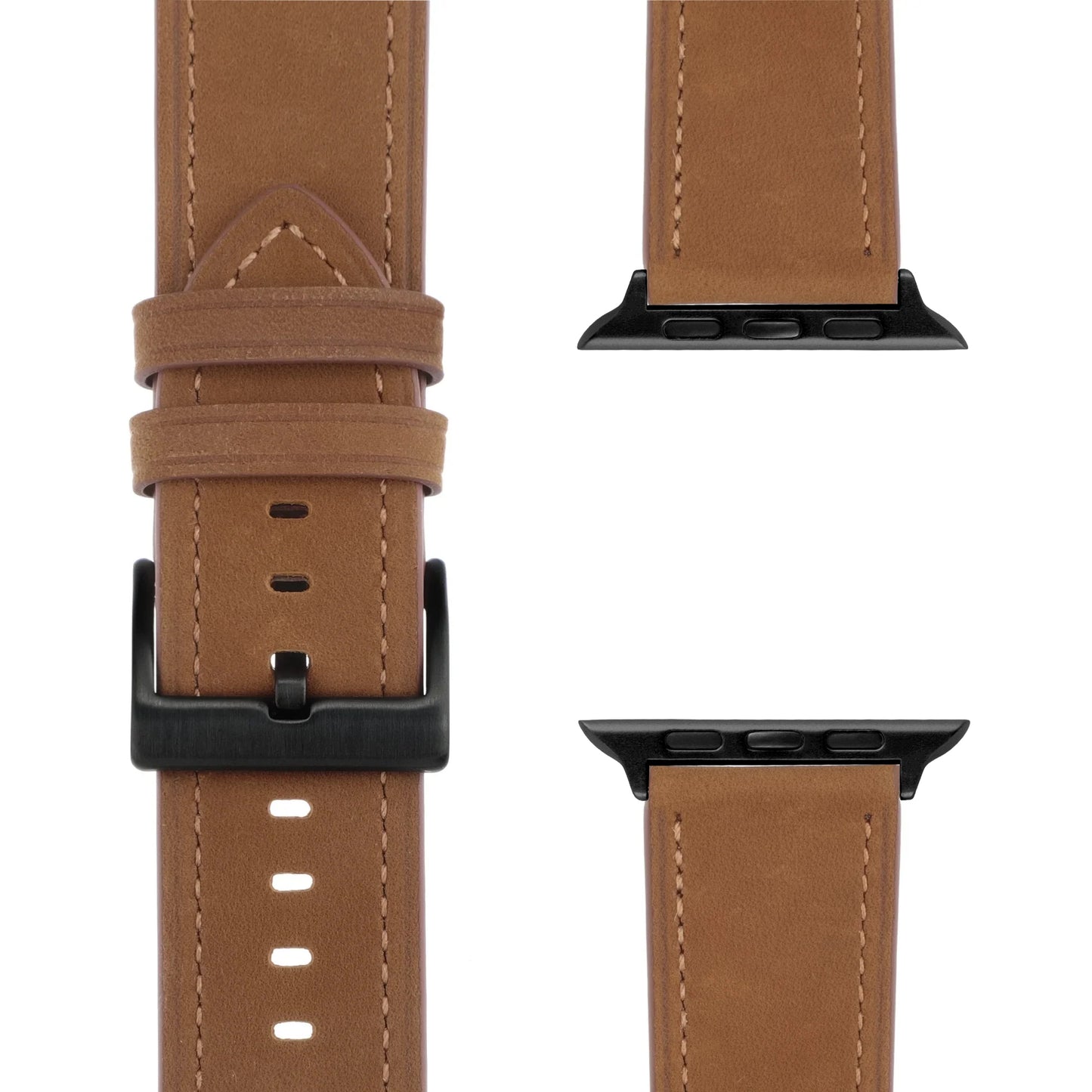 Braunes Echtlederarmband von arktisband für Apple Watch mit schwarzer Schließe und Verbindern, als "Premium" Modell aus Front- und Seitenansicht gezeigt.