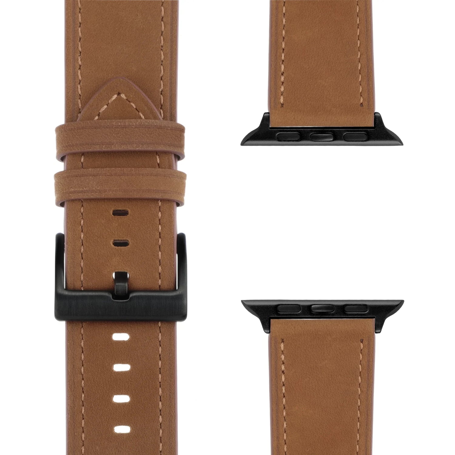 Braunes Echtlederarmband von arktisband für Apple Watch mit schwarzer Schließe und Verbindern, als "Premium" Modell aus Front- und Seitenansicht gezeigt.
