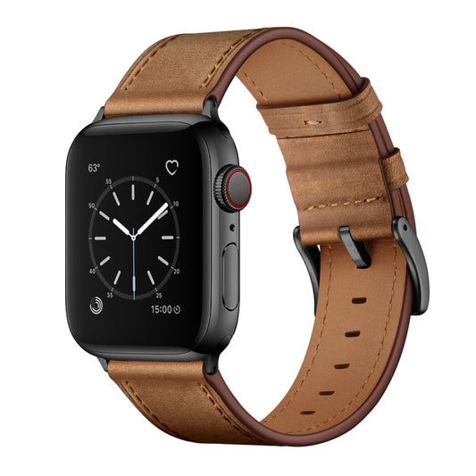 Das arktisband Apple Watch Lederarmband "Premium" ist ein braunes, mit der Apple Watch kompatibles Echtlederarmband, hier abgebildet an einer schwarzen Smartwatch mit rundem Display, das Uhrzeit und Wetter anzeigt.