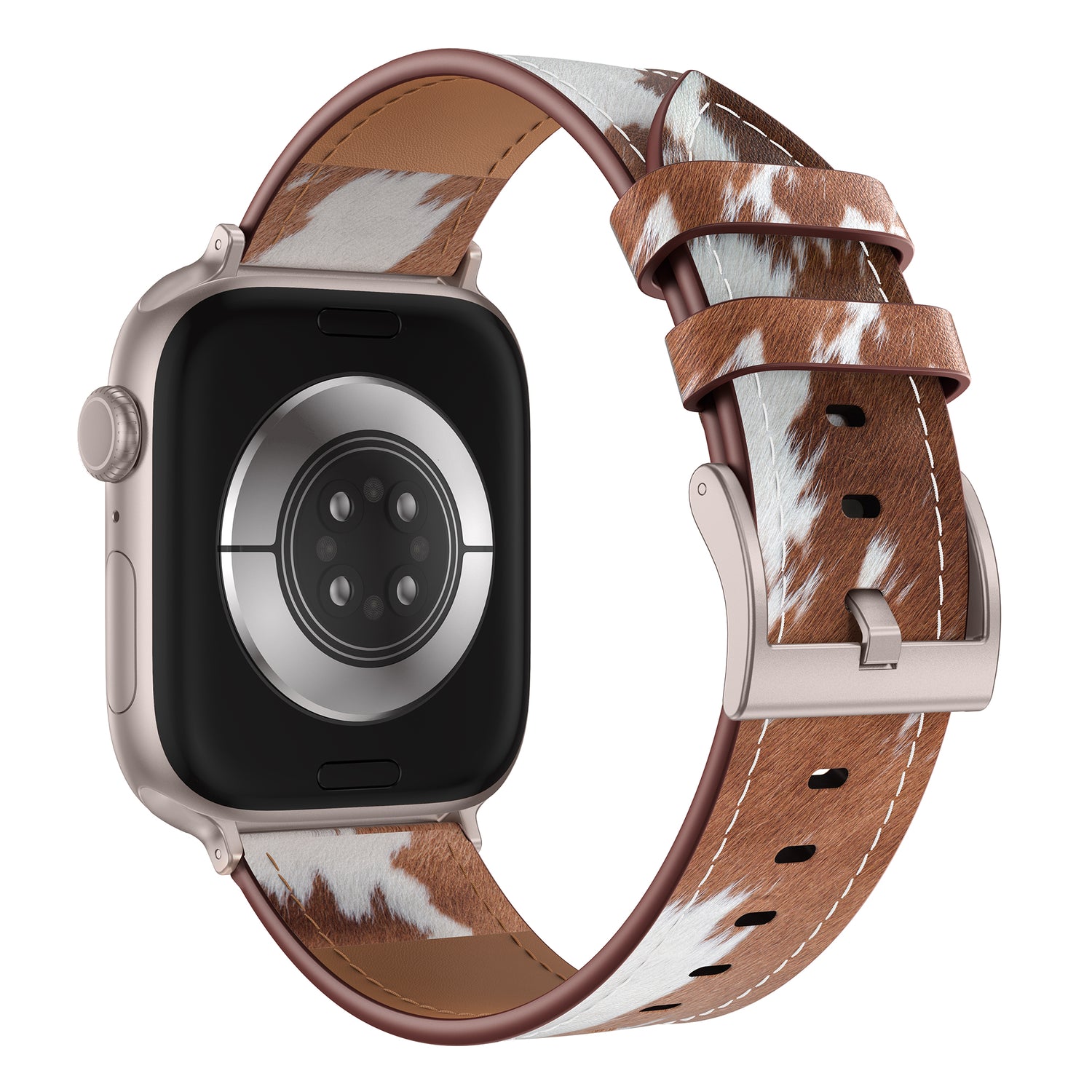 Das von hinten gezeigte Apple Watch Lederarmband "Studio" von arktisband ist mit einem braunen und weißen Rindsledermuster versehen und bietet ein einzigartiges, individuelles Design.