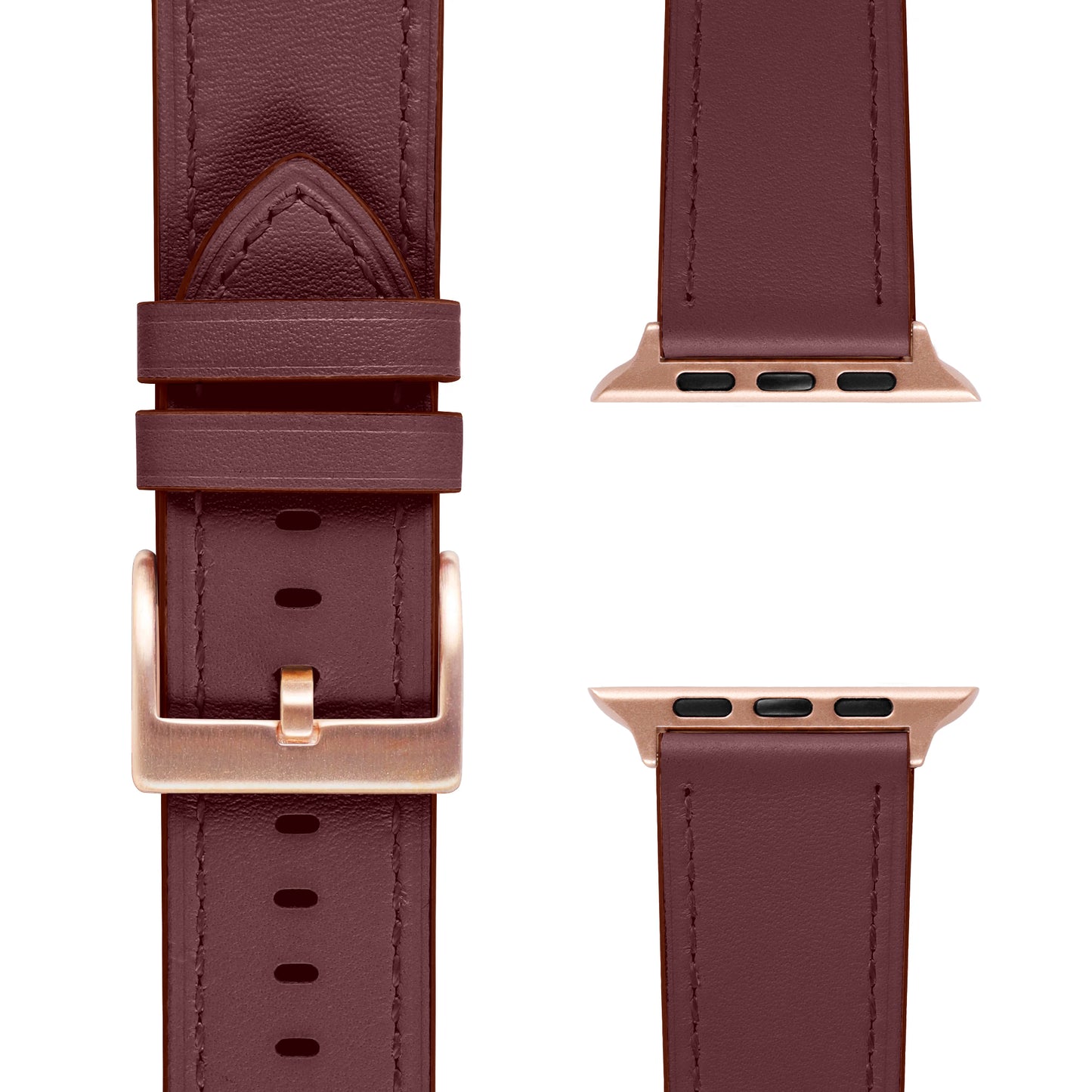 Arktisband Apple Watch Lederarmband "Premium": Echtes burgunderfarbenes Leder, goldene Schließe und Connectoren, Vorder- und Rückseite abgebildet. Kompatibel mit Apple Watch.