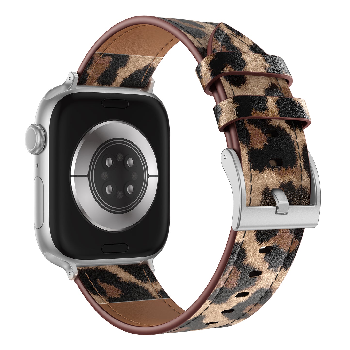 Das arktisband Apple Watch Lederarmband "Studio" - Leo hat ein silbernes Gehäuse und ein braunes Band mit Leopardenmuster, das von hinten betrachtet sein einzigartiges Design unterstreicht.